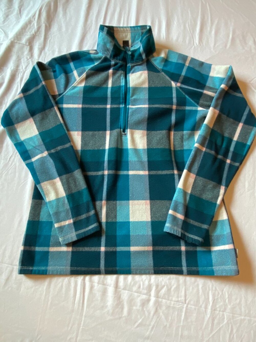 Eddie Bauer Womens TL Tall Large Plaid Fleece 1/4 Zip Pullover Blue Teal